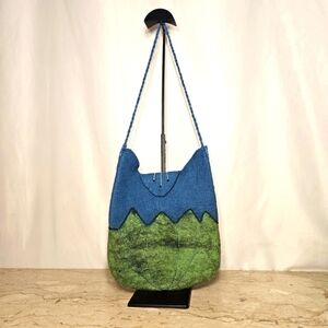 Handmade Whimsical Artisan Sheep's Wool Felted Green Blue Shoulder Bag Mongolia